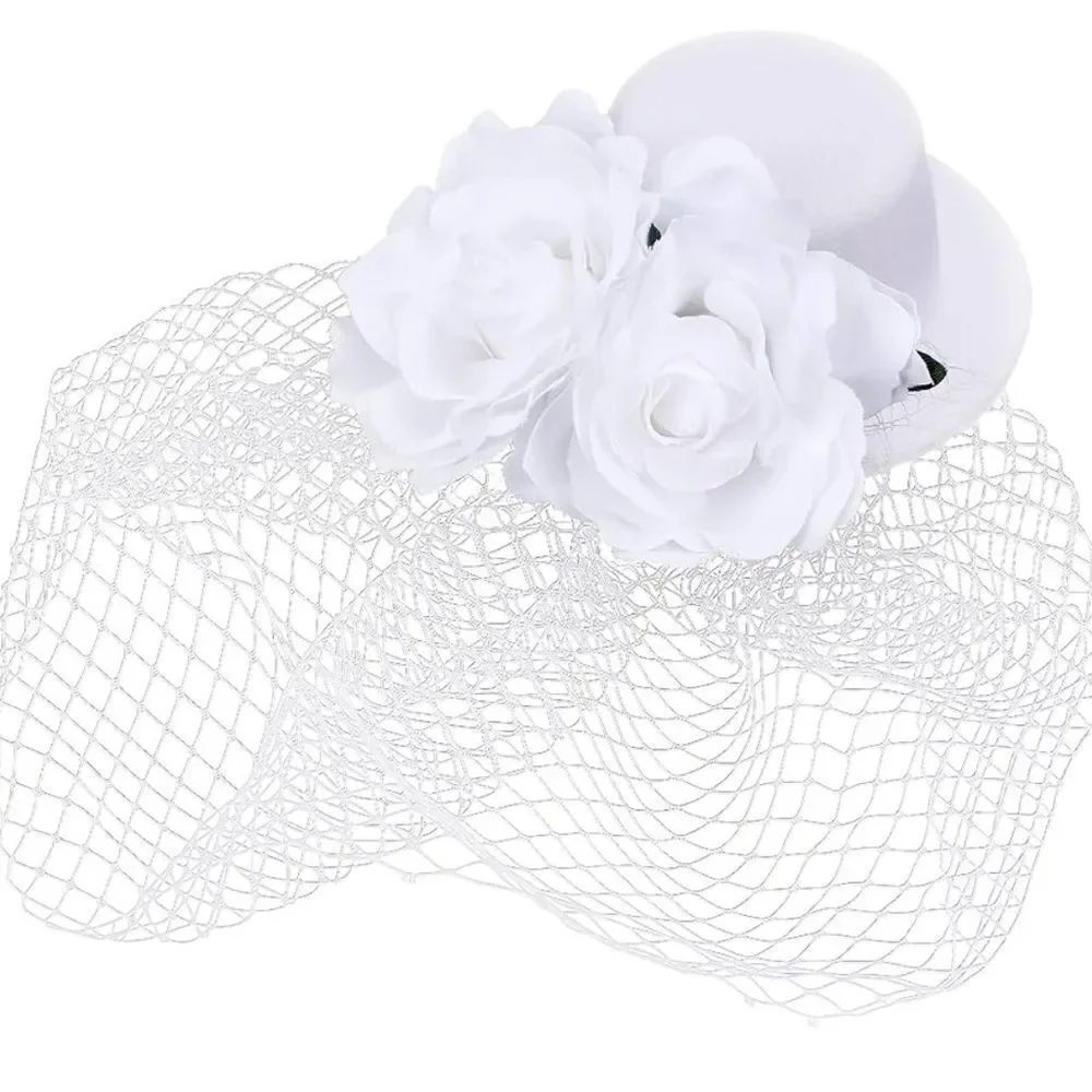 Fascinators - White Derby Hat  Elegant Tea Party with Veil Floral